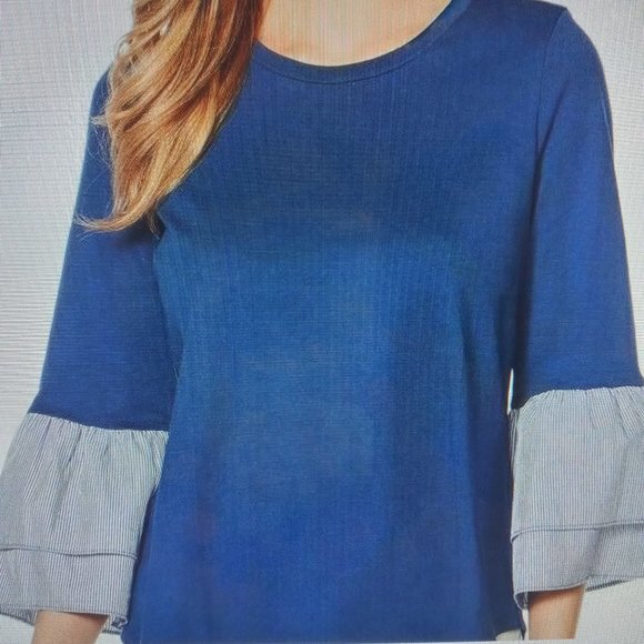 DG2 By Diane Gillman Striped Poplin Bell Cuffs Top - Picture 2 of 8